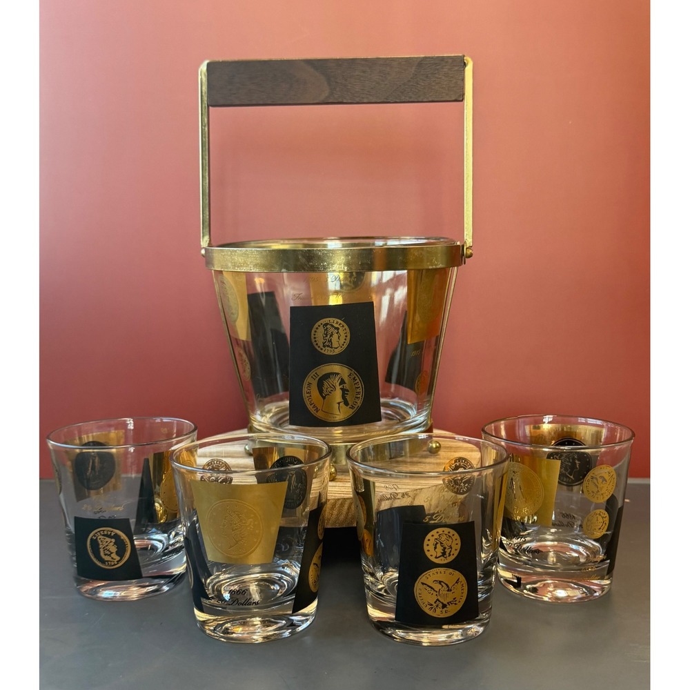 Cera Ambassador Gold Coin Ice Bucket and 4 Rocks Glasses MCM Barware Set